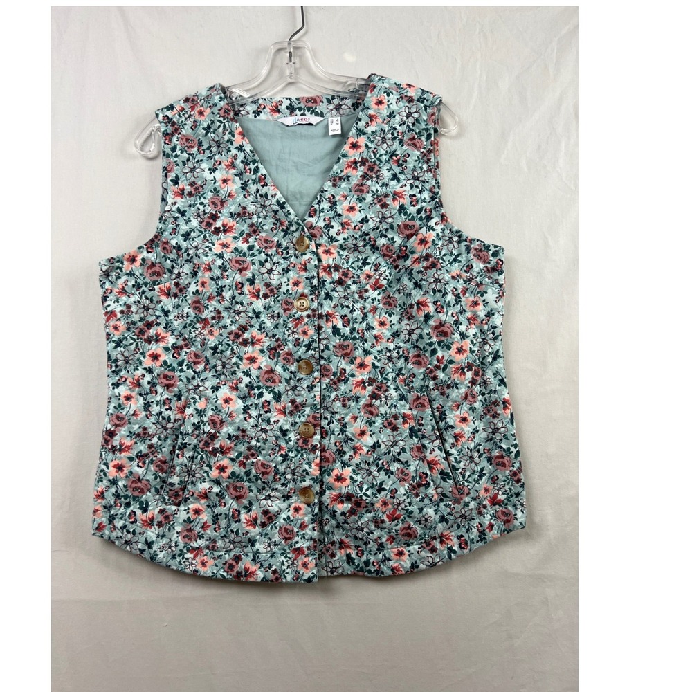 Denim & Co Floral Quilted Vest Women Small Blue Pink Button Up Cottage Core